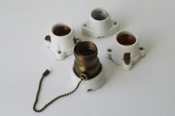 catalog photo of old white porcelain electrical fixtures, combo metal fat boy style socket, flush mount light bulb holders 