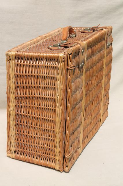 photo of old wicker picnic basket, suitcase type vintage picnic hamper w/ leather handle #4