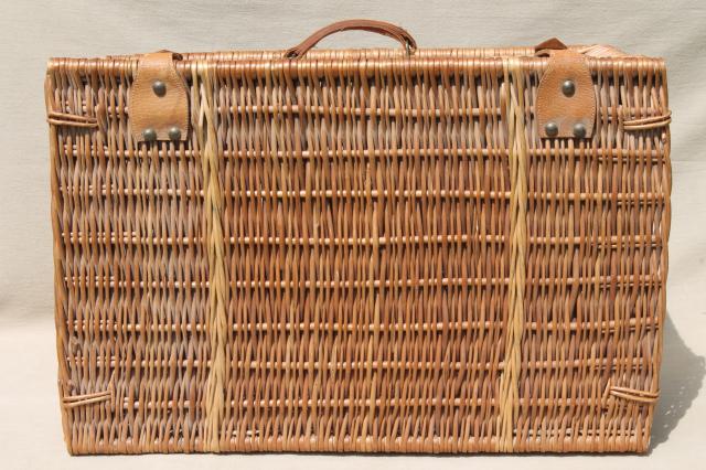 photo of old wicker picnic basket, suitcase type vintage picnic hamper w/ leather handle #5