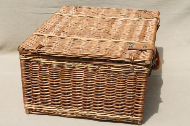 photo of old wicker picnic basket, suitcase type vintage picnic hamper w/ leather handle #6