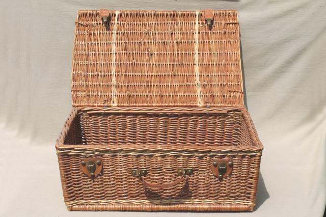 photo of old wicker picnic basket, suitcase type vintage picnic hamper w/ leather handle #7