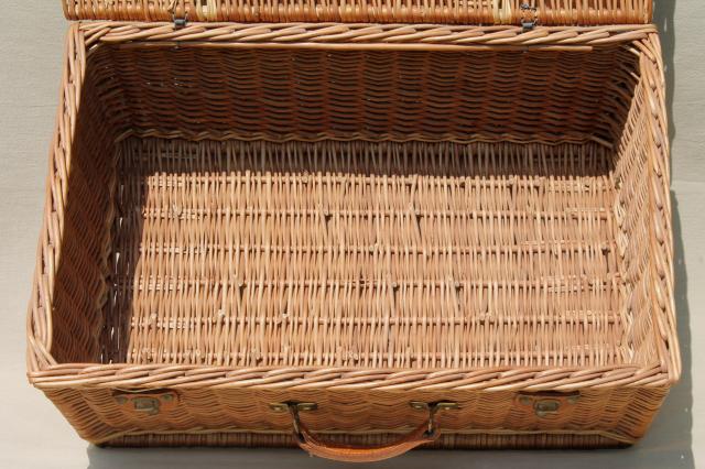 photo of old wicker picnic basket, suitcase type vintage picnic hamper w/ leather handle #9