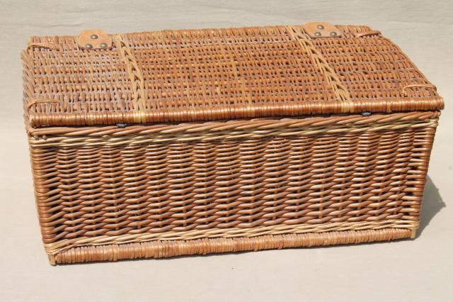 photo of old wicker picnic basket, suitcase type vintage picnic hamper w/ leather handle #10