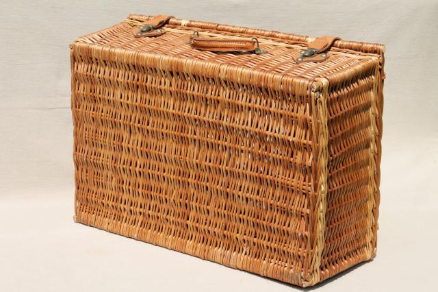 photo of old wicker picnic basket, suitcase type vintage picnic hamper w/ leather handle #11