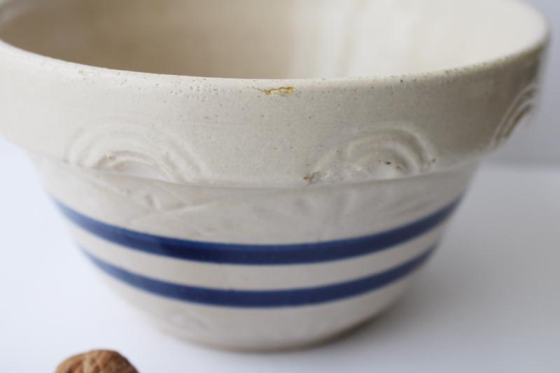 photo of old wide blue band stoneware pottery mixing bowl, vintage USA pottery #2