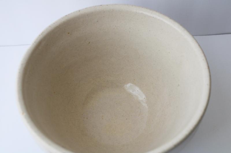 photo of old wide blue band stoneware pottery mixing bowl, vintage USA pottery #3