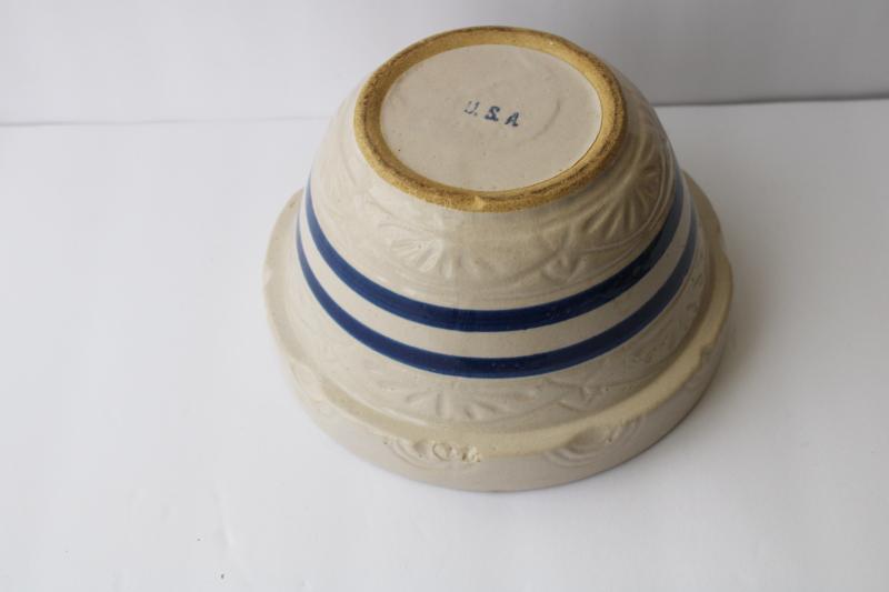 photo of old wide blue band stoneware pottery mixing bowl, vintage USA pottery #5