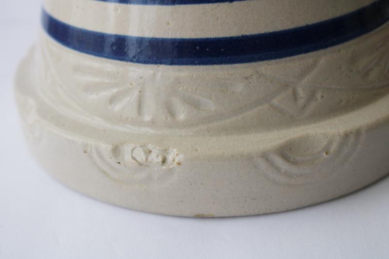 photo of old wide blue band stoneware pottery mixing bowl, vintage USA pottery #6