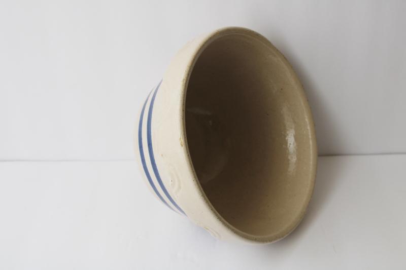 photo of old wide blue band stoneware pottery mixing bowl, vintage USA pottery #8