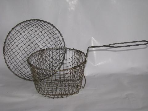 photo of old wire fry baskets - one bowl, one w/ handle - vintage kitchenware #1