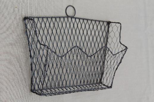 photo of old wirework wall rack letter holder,  vintage wire basket wall pocket #1