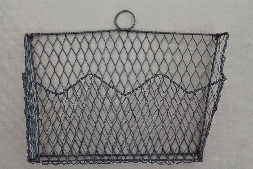 photo of old wirework wall rack letter holder,  vintage wire basket wall pocket #2