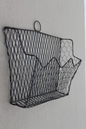 photo of old wirework wall rack letter holder,  vintage wire basket wall pocket #3