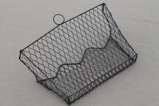 photo of old wirework wall rack letter holder,  vintage wire basket wall pocket #7