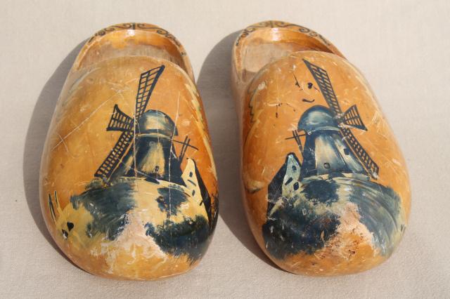 photo of old wood Dutch clogs, traditional wooden shoes w/ delft style painted Holland windmills #2