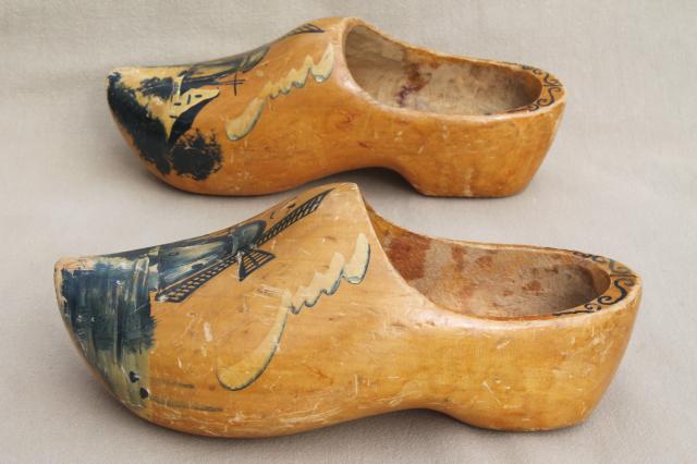 photo of old wood Dutch clogs, traditional wooden shoes w/ delft style painted Holland windmills #3