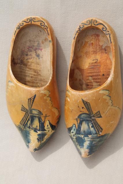 photo of old wood Dutch clogs, traditional wooden shoes w/ delft style painted Holland windmills #4