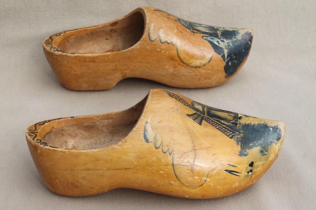 photo of old wood Dutch clogs, traditional wooden shoes w/ delft style painted Holland windmills #6