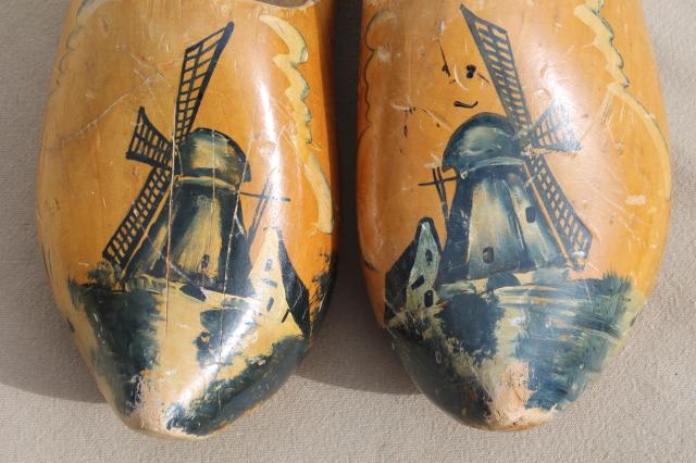 photo of old wood Dutch clogs, traditional wooden shoes w/ delft style painted Holland windmills #8