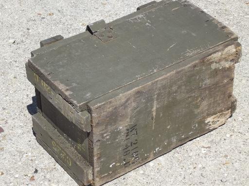 photo of old wood ammo box w/ rope handle, lettered for ammunition for mortars #2