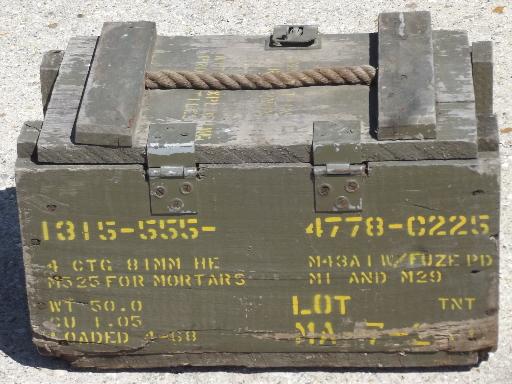 photo of old wood ammo box w/ rope handle, lettered for ammunition for mortars #3