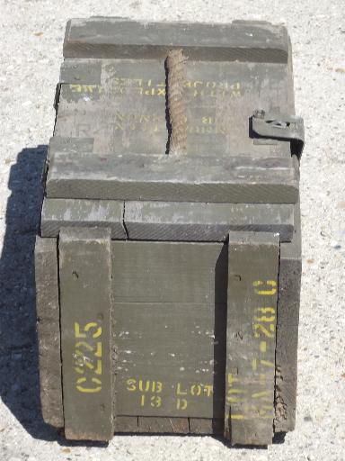 photo of old wood ammo box w/ rope handle, lettered for ammunition for mortars #5