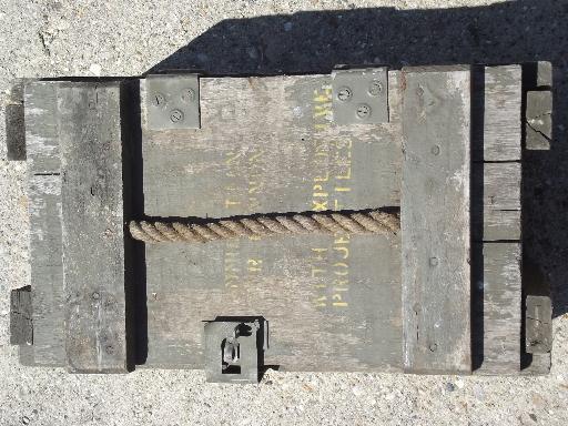 photo of old wood ammo box w/ rope handle, lettered for ammunition for mortars #6