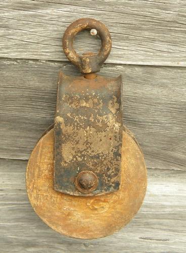 photo of old wood and iron barn hayloft rope pulley, vintage farm primitive #1