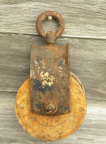 photo of old wood and iron barn hayloft rope pulley, vintage farm primitive #2