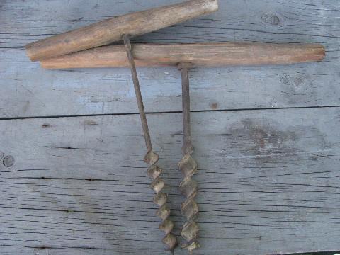 photo of old wood barn beam drills / hand augers, antique farm primitive tools #1