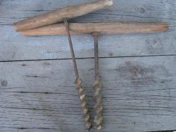 catalog photo of old wood barn beam drills / hand augers, antique farm primitive tools