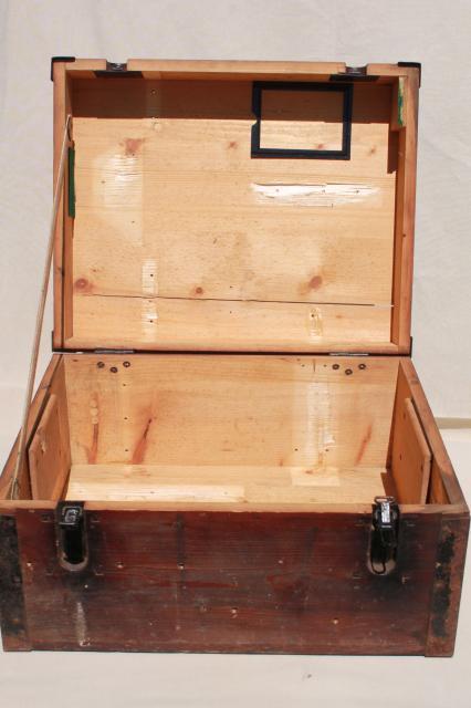 photo of old wood carpenter's tool box, primitive chest packing case for machinist's tools, WWII vintage #7