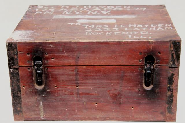 photo of old wood carpenter's tool box, primitive chest packing case for machinist's tools, WWII vintage #8