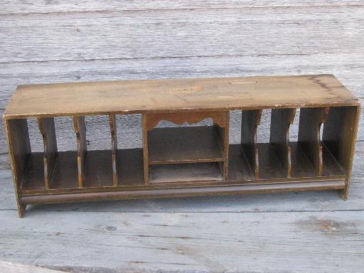 photo of old wood desk secretary, slotted paper / letter sorter w/ cubbyholes #1