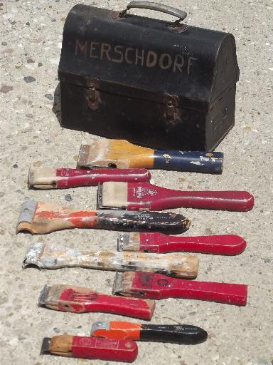 photo of old wood handled tools lot, vintage paint scrapers in metal tool box  #1