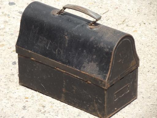 photo of old wood handled tools lot, vintage paint scrapers in metal tool box  #2