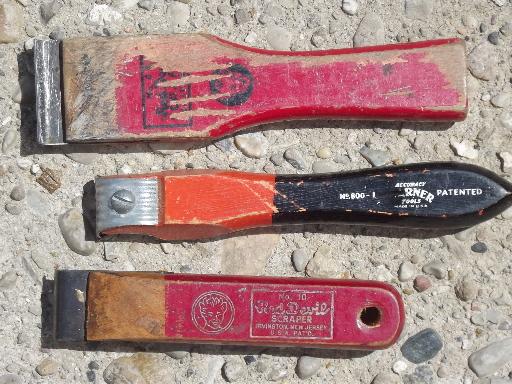 photo of old wood handled tools lot, vintage paint scrapers in metal tool box  #5