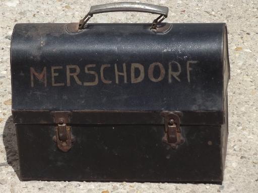 photo of old wood handled tools lot, vintage paint scrapers in metal tool box  #8