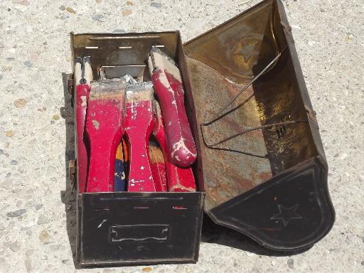 photo of old wood handled tools lot, vintage paint scrapers in metal tool box  #10