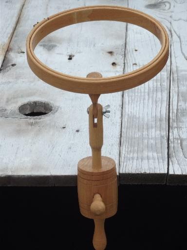 photo of old wood needlework frame, table clamp round embroidery / quilting hoop #2