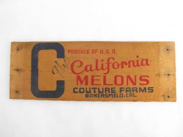 catalog photo of old wood plank board fruit crate label sign, California melons