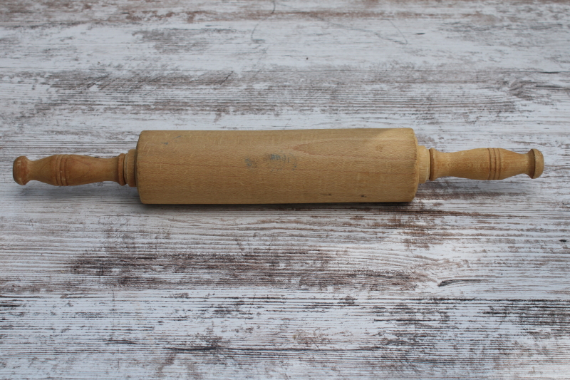 photo of old wood rolling pin w/ turned handles, unpainted natural finish french country style  #4