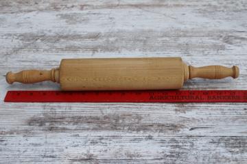 catalog photo of old wood rolling pin w/ turned handles, unpainted natural finish french country style 