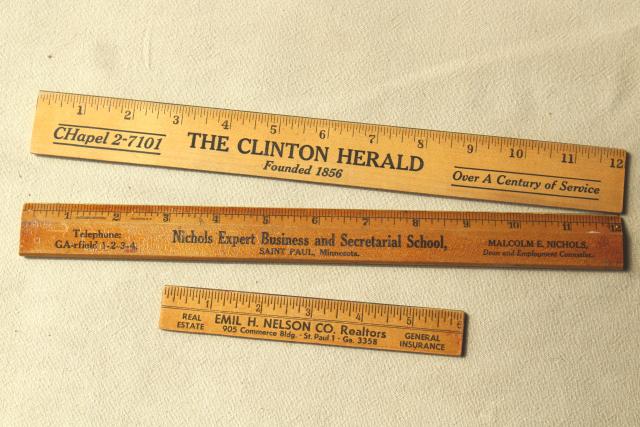 photo of old wood rulers, 1950s vintage St Paul Minn & Clinton Iowa advertising #1