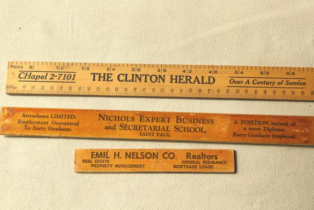 photo of old wood rulers, 1950s vintage St Paul Minn & Clinton Iowa advertising #3