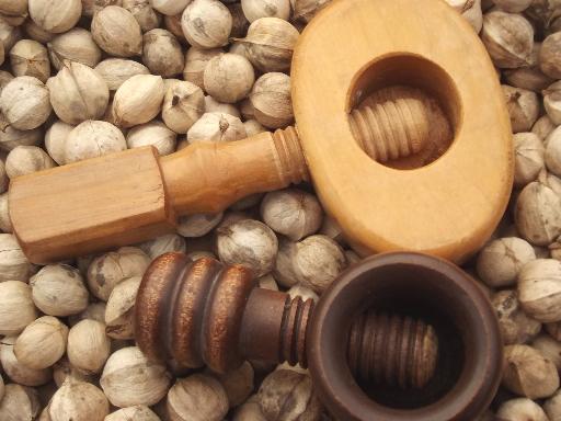 photo of old wood screw type nutcrackers, Swiss style carved wood nut crackers #1