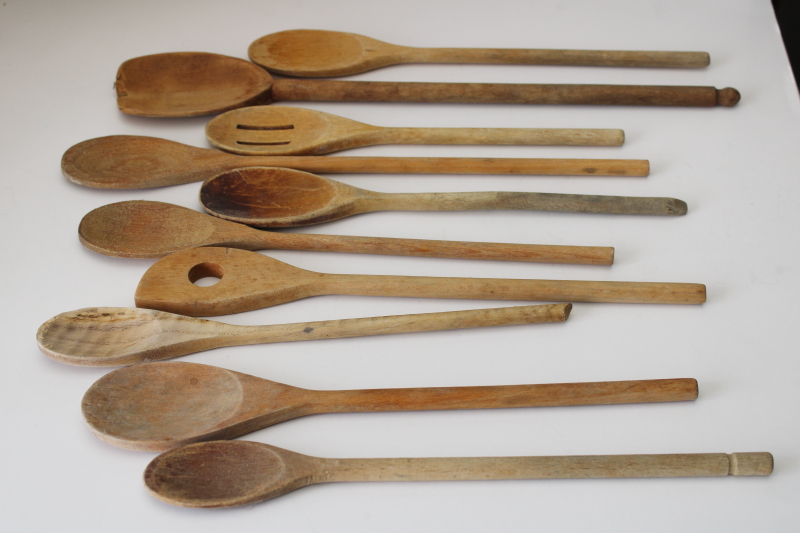 photo of old wood spoons lot, vintage wooden spoon collection rustic primitive patina  #1