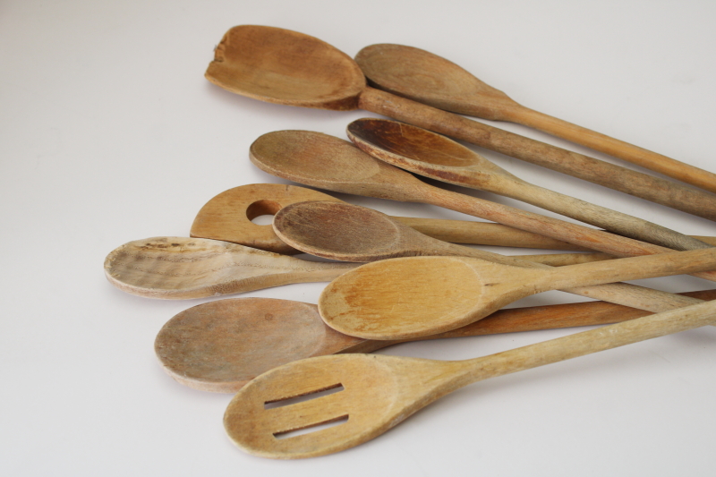 photo of old wood spoons lot, vintage wooden spoon collection rustic primitive patina #2