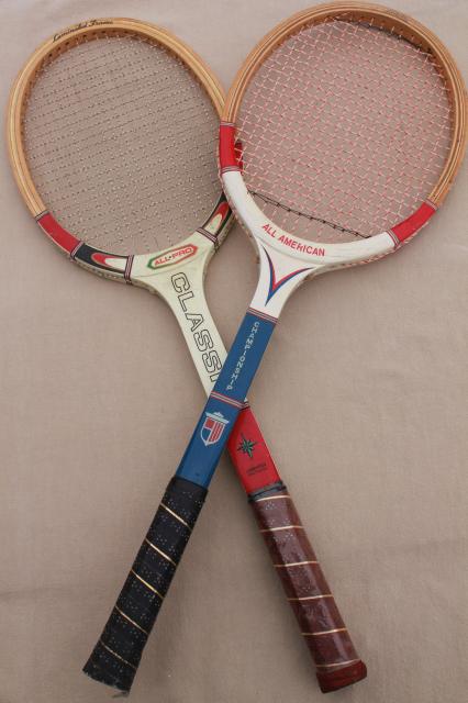 photo of old wood tennis rackets, red white & blue racquets, vintage sporting equipment for photo prop or wall art #1