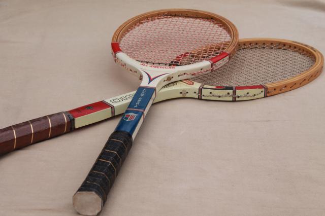 photo of old wood tennis rackets, red white & blue racquets, vintage sporting equipment for photo prop or wall art #2